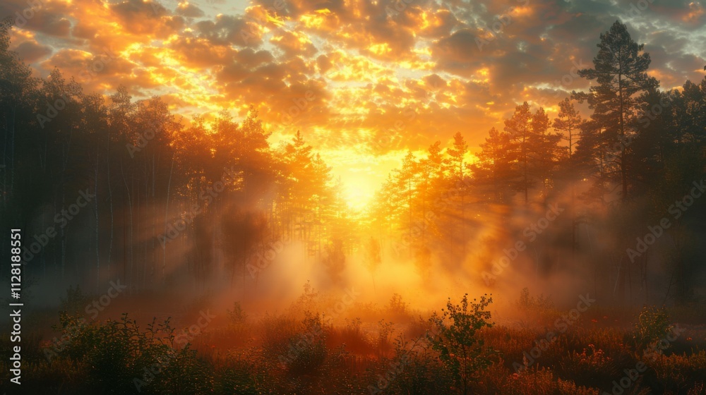 A forest with a bright orange sun in the sky A forest with a bright orange sun in the sky