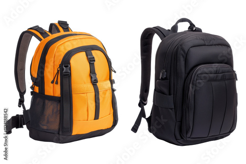 Set of orange and black backpacks isolated on transparent background