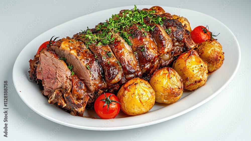 Juicy Roasted Beef with Crispy Potatoes and Fresh Vegetables on Elegant Serving Plate Juicy Roasted Beef with Crispy Potatoes and Fresh Vegetables on Elegant Serving Plate