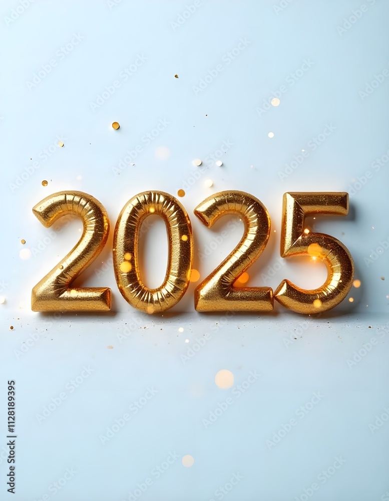 Minimalist New Year 2025 design featuring gold foil balloon numbers against a clean light blue background, accented with sparkling confetti and soft bokeh, symbolizing celebration and elegance. Minimalist New Year 2025 design featuring gold foil balloon numbers against a clean light blue background, accented with sparkling confetti and soft bokeh, symbolizing celebration and elegance.