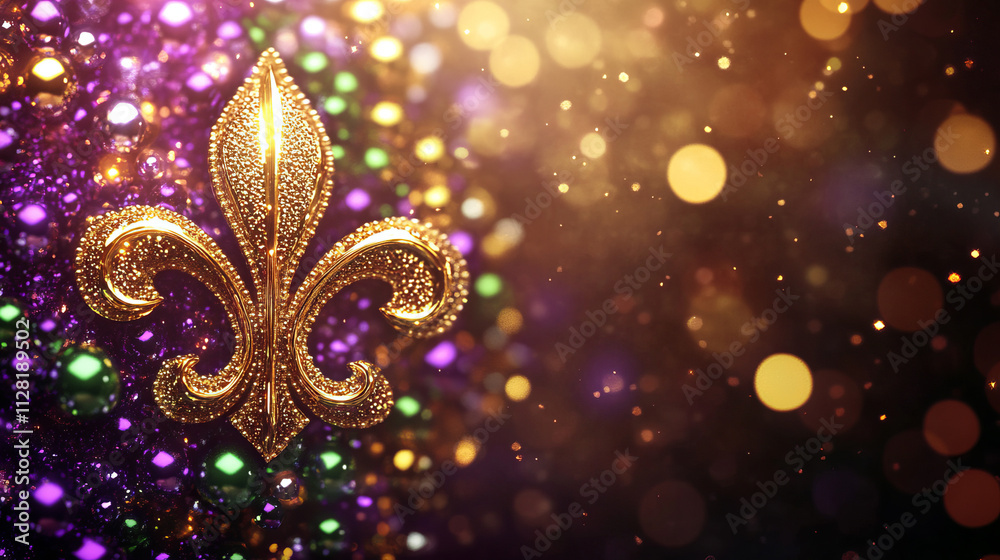 An elegant golden Mardi Gras Carnival Fleur-de-Lis in a burst of purple, green, and gold beads, shining metallic textures, sparkling glitter accents soft glowing effect, minimalistic festive design An elegant golden Mardi Gras Carnival Fleur-de-Lis in a burst of purple, green, and gold beads, shining metallic textures, sparkling glitter accents soft glowing effect, minimalistic festive design