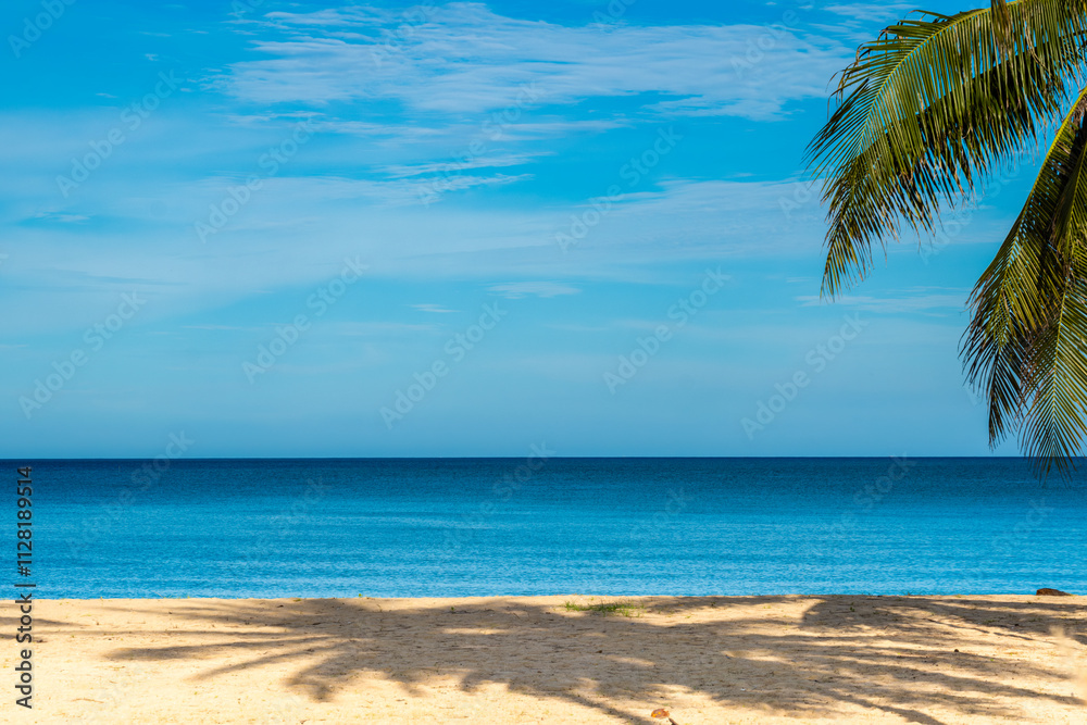 Nature of the beach and sea Summer with sunshine, sandy beaches, clear blue waters sparkling against the blue sky. On an island with good ecology and environment Background for summer vacation concept Nature of the beach and sea Summer with sunshine, sandy beaches, clear blue waters sparkling against the blue sky. On an island with good ecology and environment Background for summer vacation concept