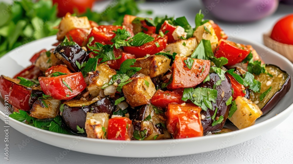 Colorful Mediterranean Style Vegetable Salad on a Plate with Fresh Herbs and Olive Oil Colorful Mediterranean Style Vegetable Salad on a Plate with Fresh Herbs and Olive Oil