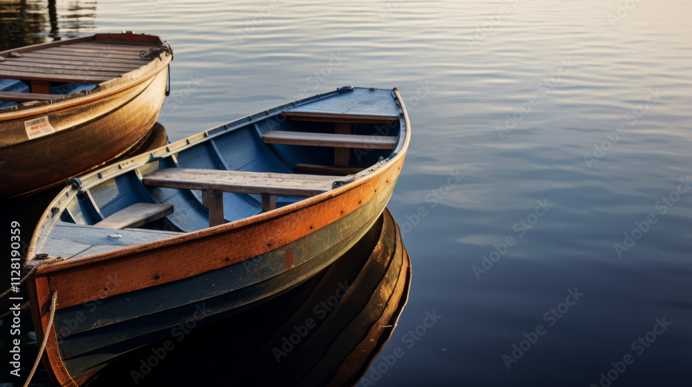 A serene shot of boats tied to a wooden dock, with soft ripples in the calm water. A serene shot of boats tied to a wooden dock, with soft ripples in the calm water.