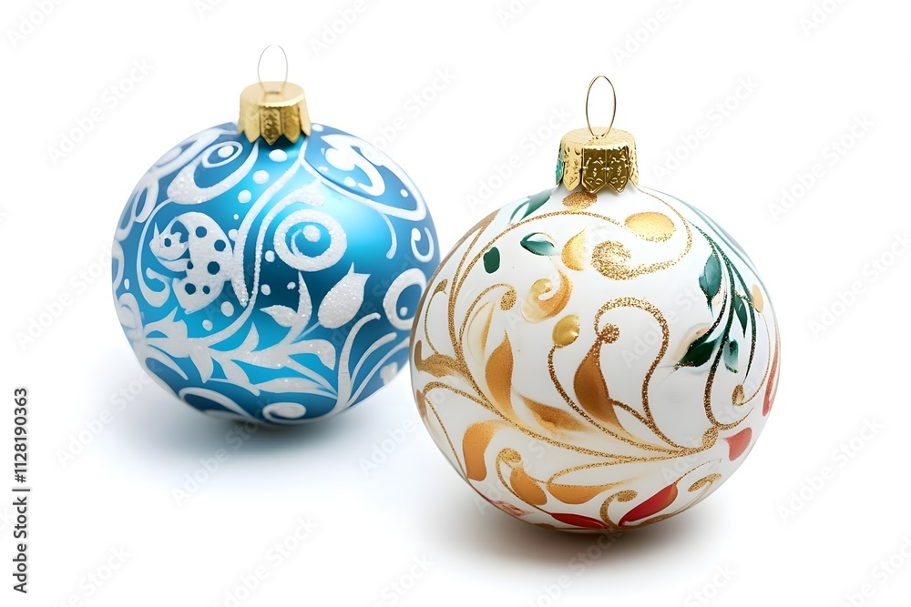 Two decorative Christmas ornaments with intricate designs in blue and gold. Two decorative Christmas ornaments with intricate designs in blue and gold.