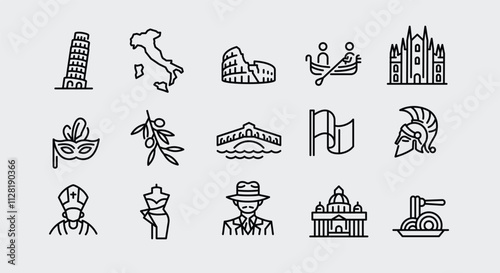 Italy icons. Set of 15 trendy minimal icons representing iconic symbols of Italy. Example: Leaning Tower of Pisa,  Coliseum, Gondola, Pizza slice. Perfect for travel guides. Vector illustration