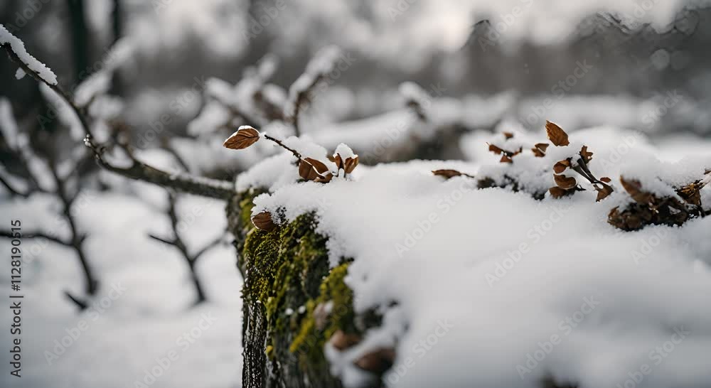 Winter's Embrace: Snow-Covered Branches and Mossy Trunk in a Cold Landscape