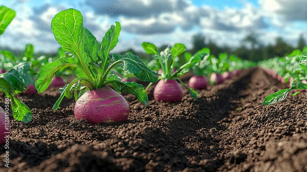 Fresh, ripe radishes grow in a lush field, showcasing vibrant colors against a backdrop of clear skies and healthy soil. Fresh, ripe radishes grow in a lush field, showcasing vibrant colors against a backdrop of clear skies and healthy soil.