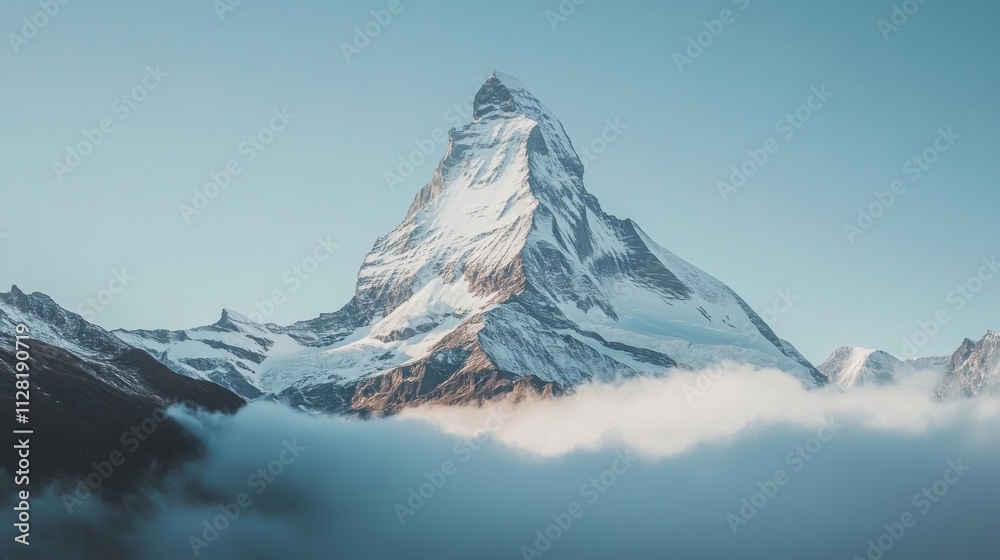 Majestic snow capped mountain peak above clouds Majestic snow capped mountain peak above clouds