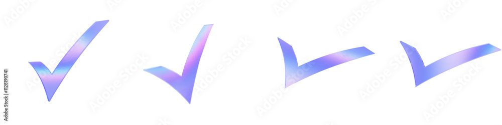 Set of 4 3d glass check mark shape with aberration effect isolated on a transparent background. Blue tone. 3d transparent elements for graphic design. Set of 4 3d glass check mark shape with aberration effect isolated on a transparent background. Blue tone. 3d transparent elements for graphic design.