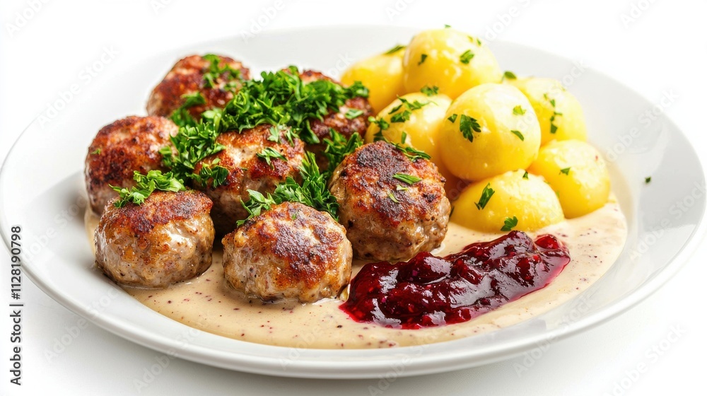 Homemade Meatballs Served with Potatoes and Cranberry Sauce on White Plate Homemade Meatballs Served with Potatoes and Cranberry Sauce on White Plate
