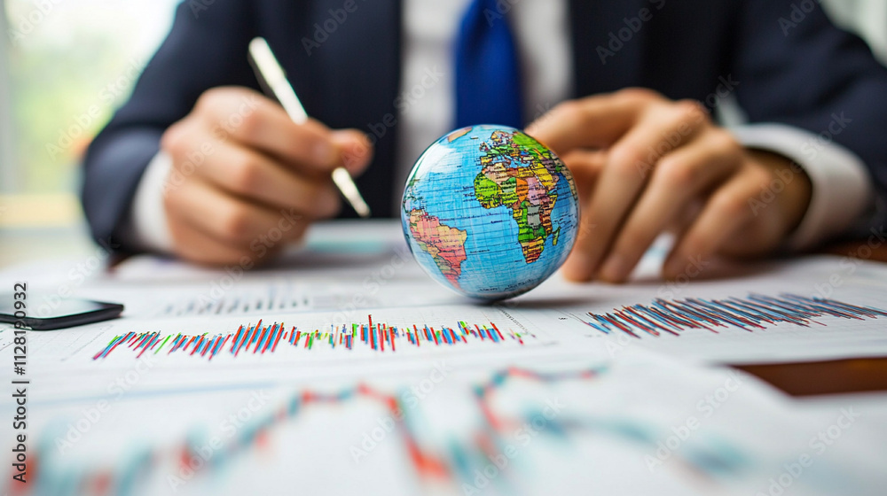 Business professional analyzing global market trends with a globe and financial charts at a desk, reflecting international business strategies and growth opportunities. Business professional analyzing global market trends with a globe and financial charts at a desk, reflecting international business strategies and growth opportunities.