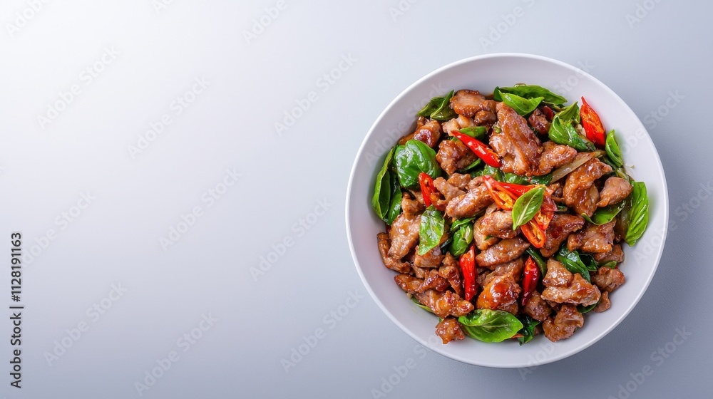 Delicious Spicy Chicken Stir Fry with Colorful Vegetables in a Bowl on Wooden Table Delicious Spicy Chicken Stir Fry with Colorful Vegetables in a Bowl on Wooden Table