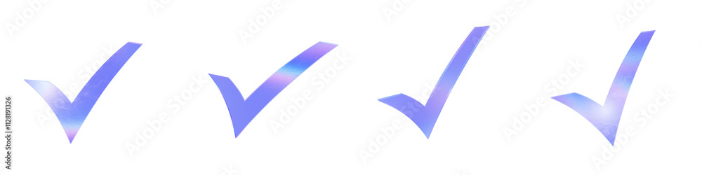 Set of 4 3d glass check mark shape with aberration effect isolated on a transparent background. Blue tone. 3d transparent elements for graphic design. Set of 4 3d glass check mark shape with aberration effect isolated on a transparent background. Blue tone. 3d transparent elements for graphic design.