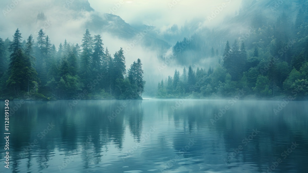 A forest with a lake in the background A forest with a lake in the background
