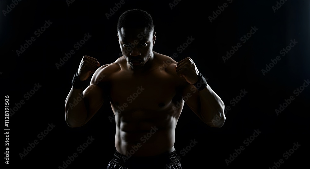 Silhouette of a strong fighter. Confident young fitness man with strong hands and clenched fists. Dramatic light. Silhouette of a strong fighter. Confident young fitness man with strong hands and clenched fists. Dramatic light.