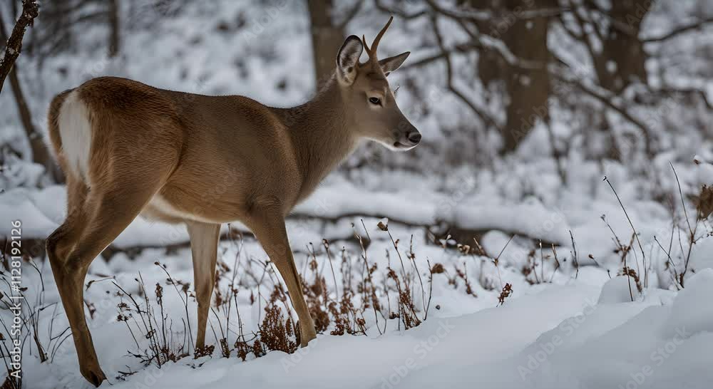 Young Deer in Winter Wonderland: Snow, Woods, Wildlife Young Deer in Winter Wonderland: Snow, Woods, Wildlife