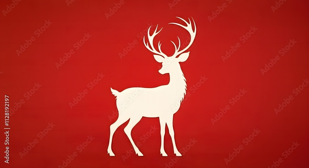 A simple and elegant illustration of a white reindeer silhouette against a textured red backdrop, perfect for festive christmas postcards.