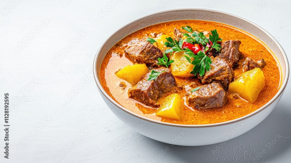 Hearty Beef Stew in a Savory Spiced Tomato Broth with Tender Potatoes and Fresh Herbs Hearty Beef Stew in a Savory Spiced Tomato Broth with Tender Potatoes and Fresh Herbs