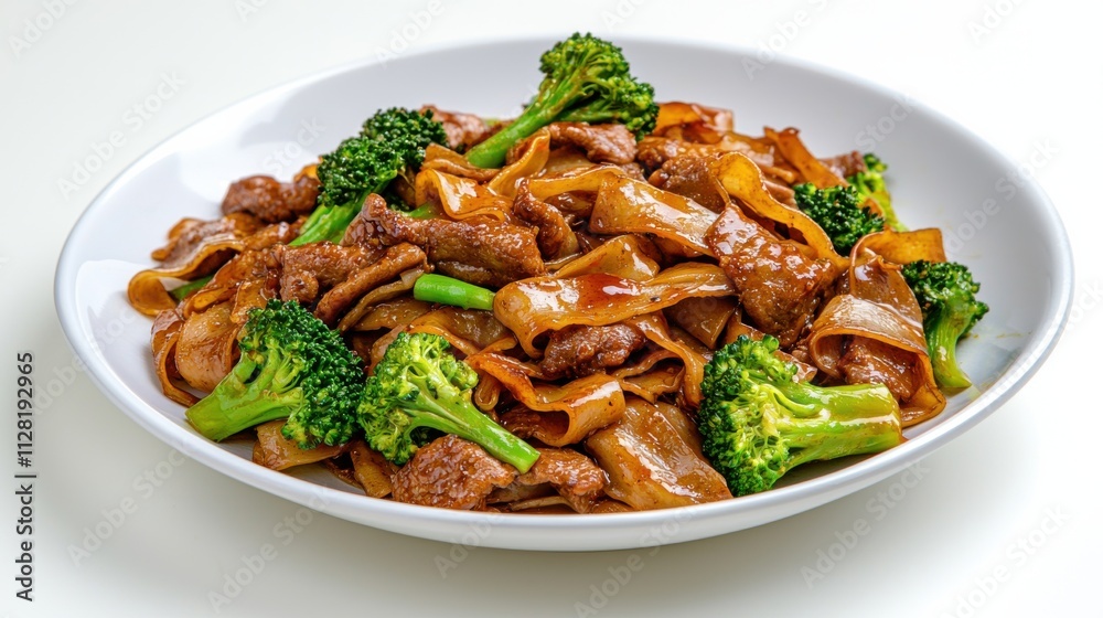 Delicious and Nutritious Stir Fried Beef and Broccoli Noodle Dish on White Ceramic Plate Delicious and Nutritious Stir Fried Beef and Broccoli Noodle Dish on White Ceramic Plate