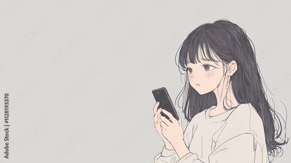 Young Asian woman with long hair looking thoughtfully at her smartphone. Young Asian woman with long hair looking thoughtfully at her smartphone.