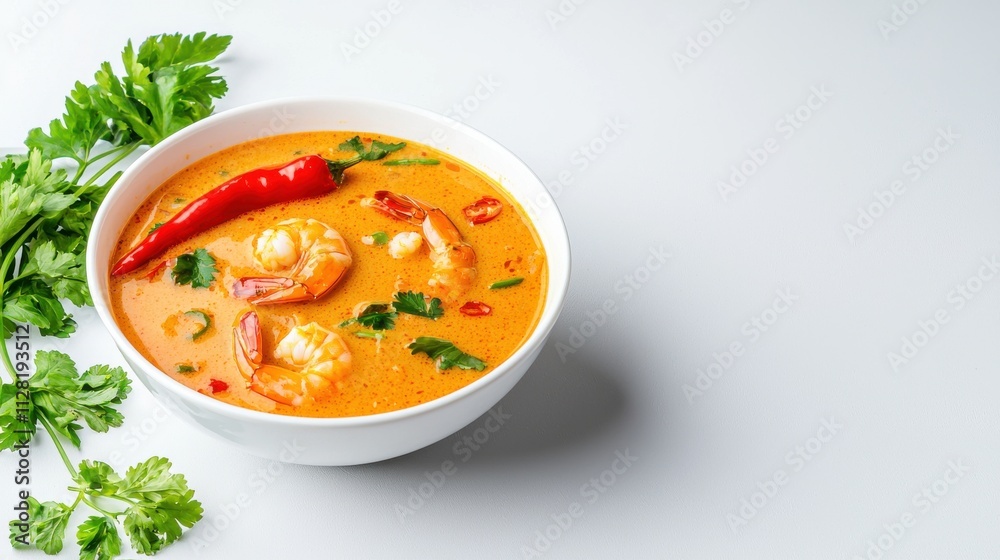 Spicy Thai Shrimp Curry Soup in White Bowl with Fresh Herbs and Vegetables Spicy Thai Shrimp Curry Soup in White Bowl with Fresh Herbs and Vegetables
