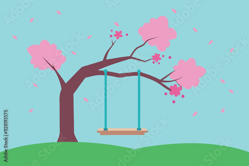 Garden swing under a blooming cherry blossom tree isolated vector illustration.