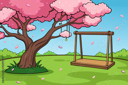 Garden swing under a blooming cherry blossom tree isolated vector illustration.