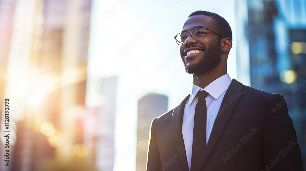 Confident Businessman in Suit with Glasses Smiling Against Modern Cityscape at Sunset Confident Businessman in Suit with Glasses Smiling Against Modern Cityscape at Sunset