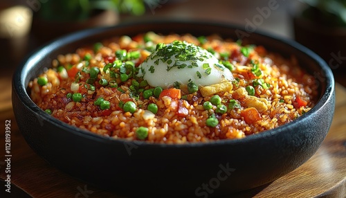 Savory fried rice with egg and peas in a dark bowl. Perfect for food blogs, restaurant menus, or Asian cuisine themes.