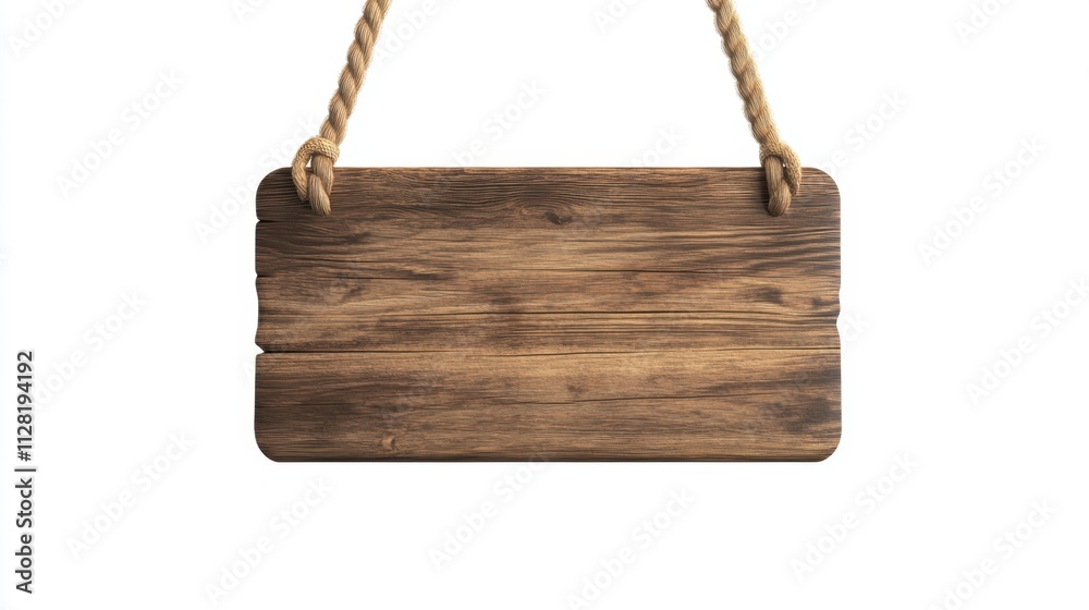 Wooden sign hanging on rope isolated against white background Wooden sign hanging on rope isolated against white background