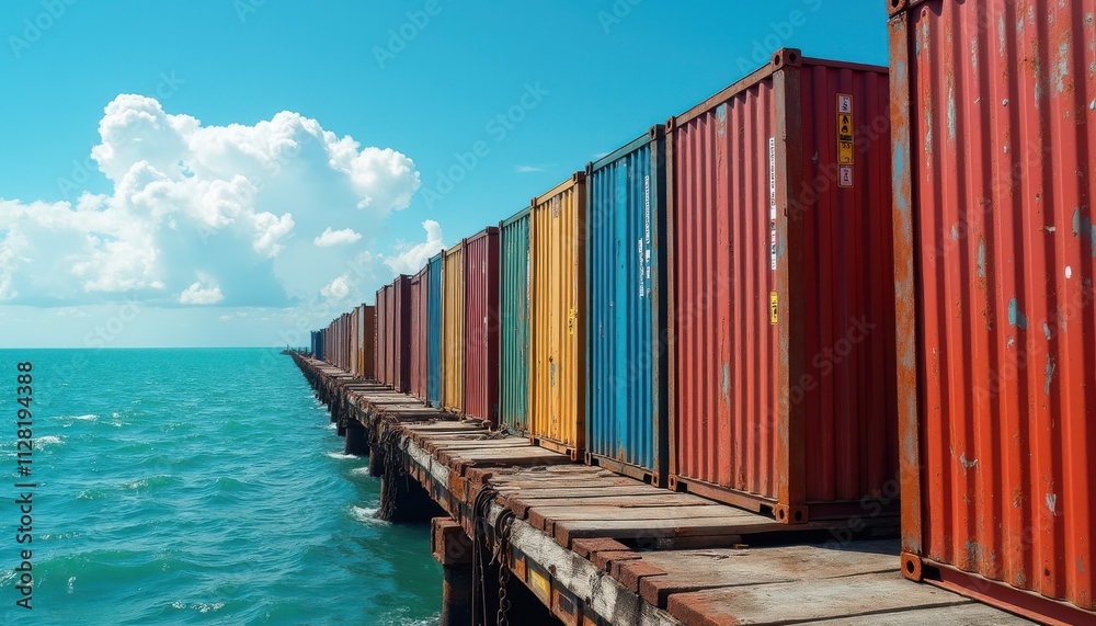 A neatly arranged row of colorful shipping containers stacked on a bustling dock. A neatly arranged row of colorful shipping containers stacked on a bustling dock.