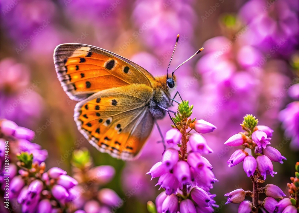 Obraz premium Macro Photography: Copper Butterfly on Heather, Close-up Insect, Nature Wildlife, Wildflower, Detailed Wing Texture