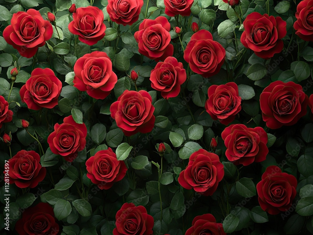 Deep red roses densely fill the frame, lush green foliage provides a backdrop. Perfect for romantic themes, Valentine's Day, or floral designs. Deep red roses densely fill the frame, lush green foliage provides a backdrop. Perfect for romantic themes, Valentine's Day, or floral designs.