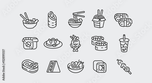 Japanese food icons. Set of 15 Japanese food trendy minimal icons. Ramen, Sushi, Onigiri, Bento Box, Takoyaki icon. Design signs for web page, mobile app, packaging design. Vector illustration