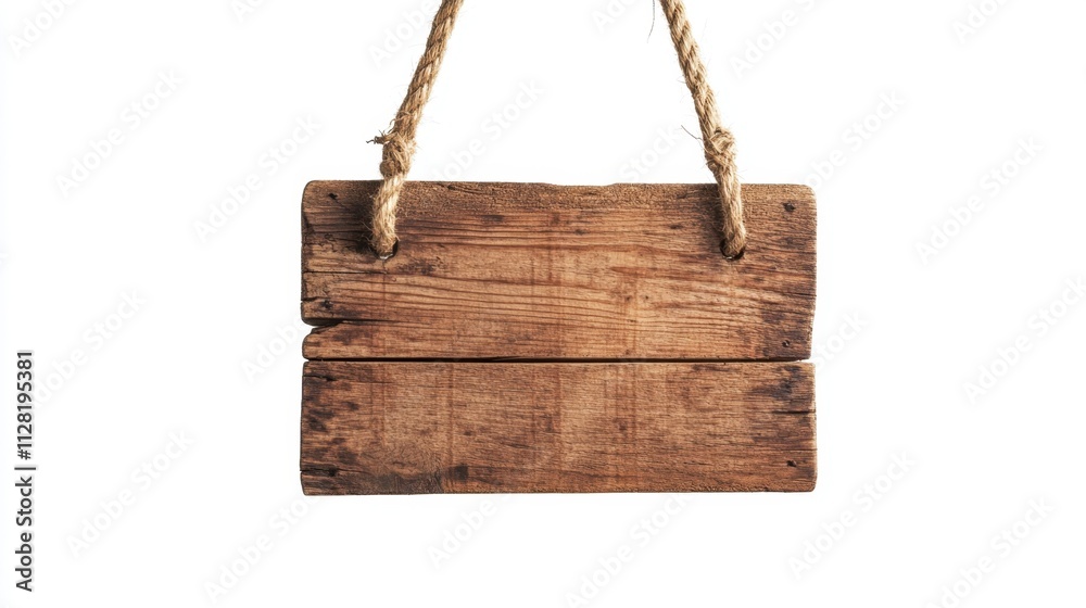 Wooden sign hanging on rope isolated against white background Wooden sign hanging on rope isolated against white background