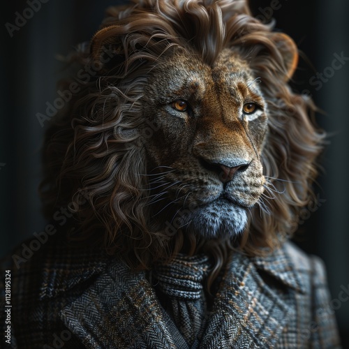 Majestic Lion Wearing Elegant Tweed Jacket in Dramatic Portrait Capturing Royal Regal Character and Anthromorphic Style Artistrylion
