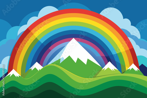 Rainbow over a mountain range after rain isolated vector illustration