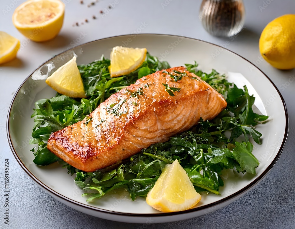 Golden-baked salmon fillet with lemon glaze, served on a bed of greens and sprinkled with herbs Golden-baked salmon fillet with lemon glaze, served on a bed of greens and sprinkled with herbs