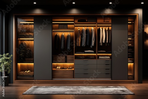 Modern walk-in closet with dark wood and glass doors, LED lighting, and organized clothing. photo