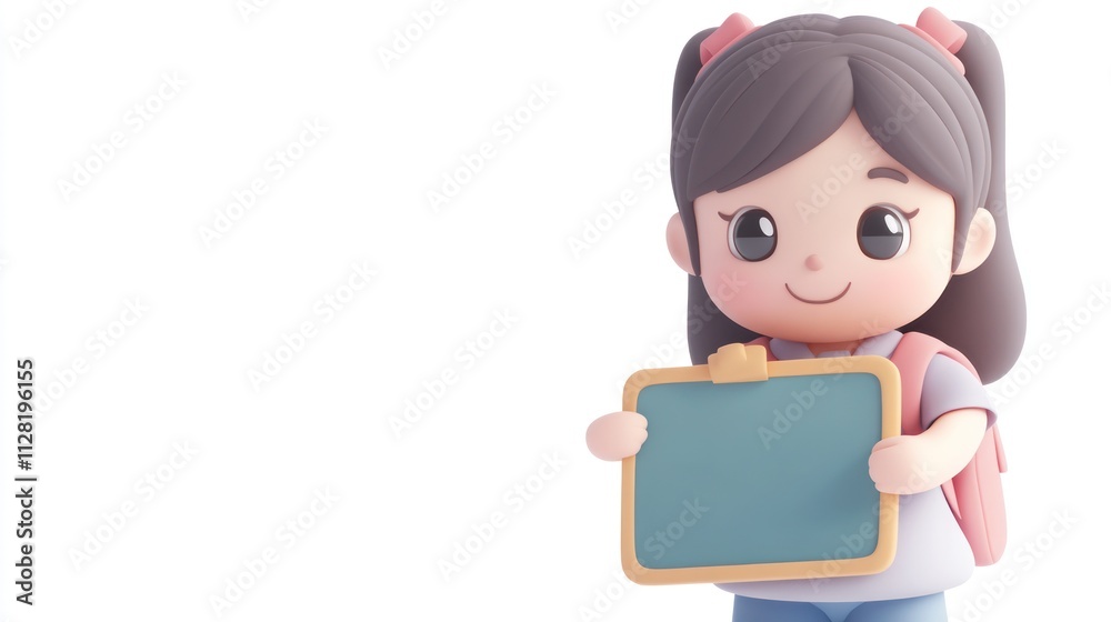 A cheerful cartoon girl with a backpack holding a chalkboard. A cheerful cartoon girl with a backpack holding a chalkboard.