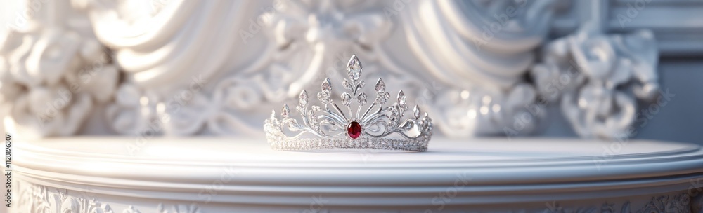 A decorative tiara with a red gem displayed on an ornate white surface. A decorative tiara with a red gem displayed on an ornate white surface.