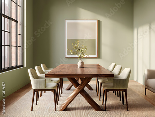 Wallpaper Mural Elegant dining room setup with wooden table and green walls modern interior design cozy atmosphere indoor view minimalism focus Torontodigital.ca
