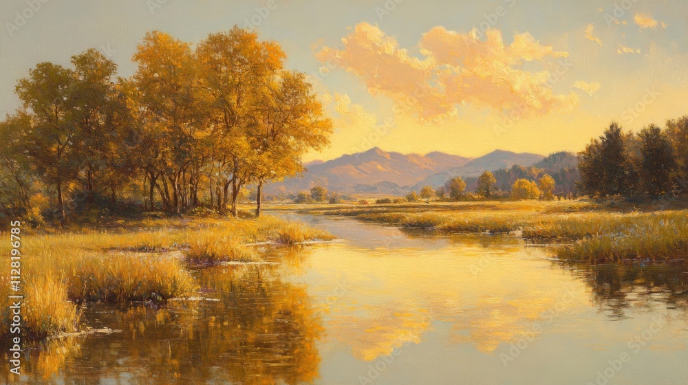 Golden Autumn River Landscape With Mountains Golden Autumn River Landscape With Mountains
