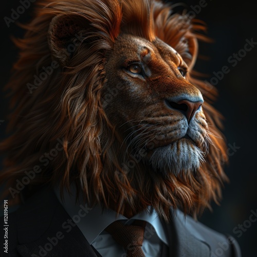 Majestic Lion with Regal Mane Dressed in Formal Suit Illuminated by Dramatic Lighting Evokes Power and Elegance in Dark Ambience