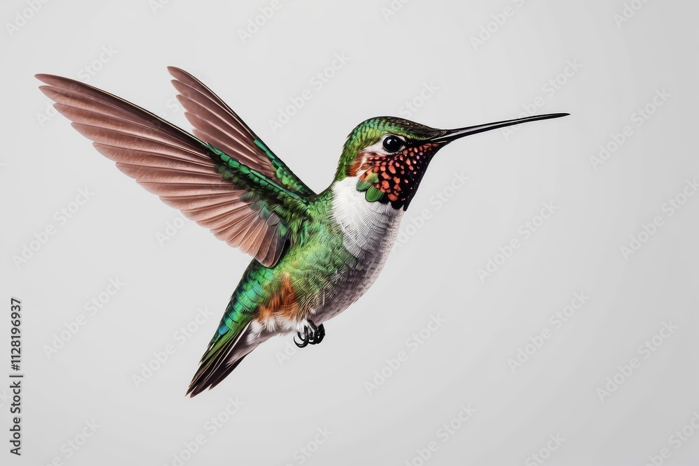 Fototapeta premium A vibrant hummingbird in flight, showcasing its iridescent green and red plumage against a neutral background.