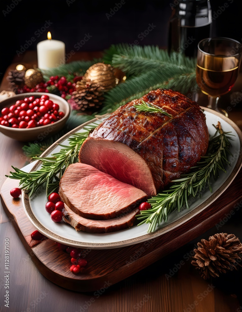 Perfectly cooked roast beef on a serving platter with rosemary, cranberries, and holiday garnish Perfectly cooked roast beef on a serving platter with rosemary, cranberries, and holiday garnish