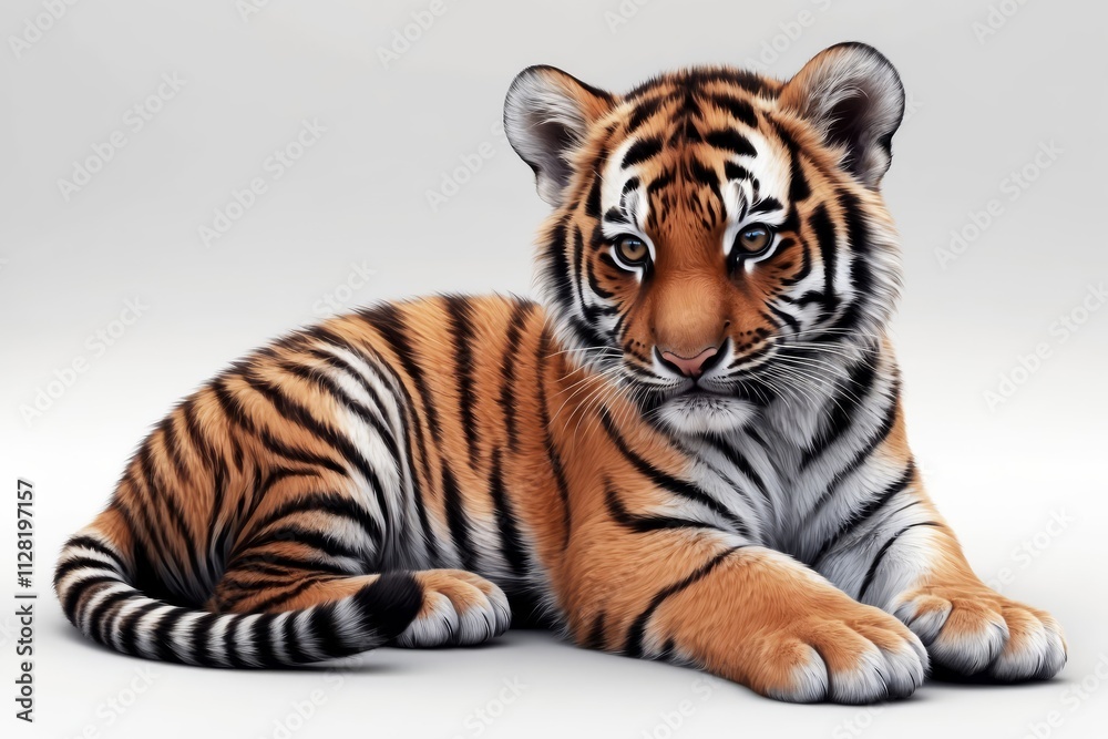 Fototapeta premium Adorable tiger cub lying down, looking at camera, on white background.
