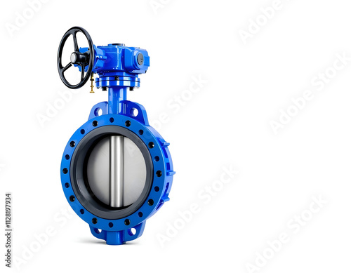 High-Quality 3D Render of a Blue Industrial Butterfly Valve with Wheel Handle