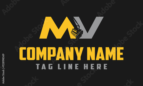 Letter MV mulching, excavator logo vector , Land Clearing Mulcher vector art	